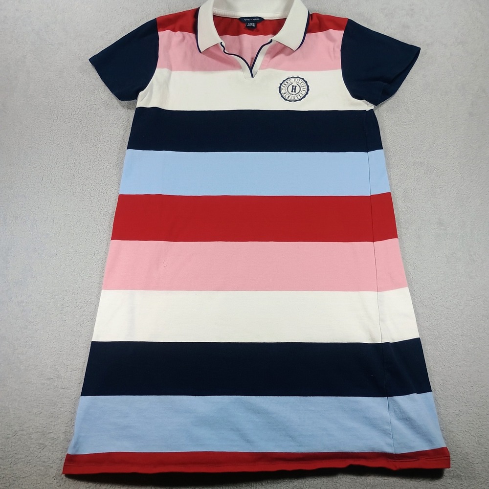 Tommy Hilfiger Girls Polo Dress Multi-Color Stripe Size L 12/14 Crest‎ Logo